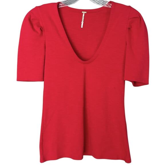 Free People Ellery Red Puff Sleeve Shirt Women's Small Deep V-Neck Stretch - Picture 2 of 6